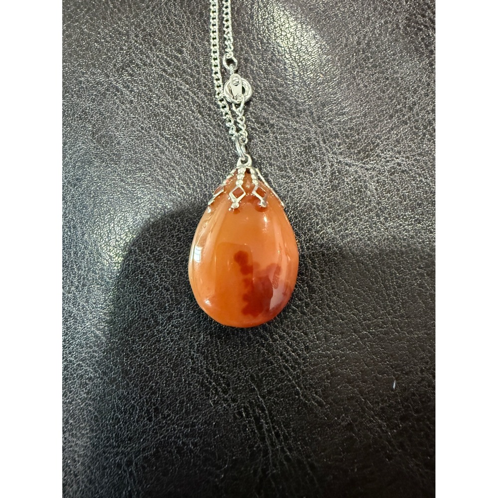 Teardrop Gemstone Pendant Necklace Silver Tone Chain Orange Brown Elegant